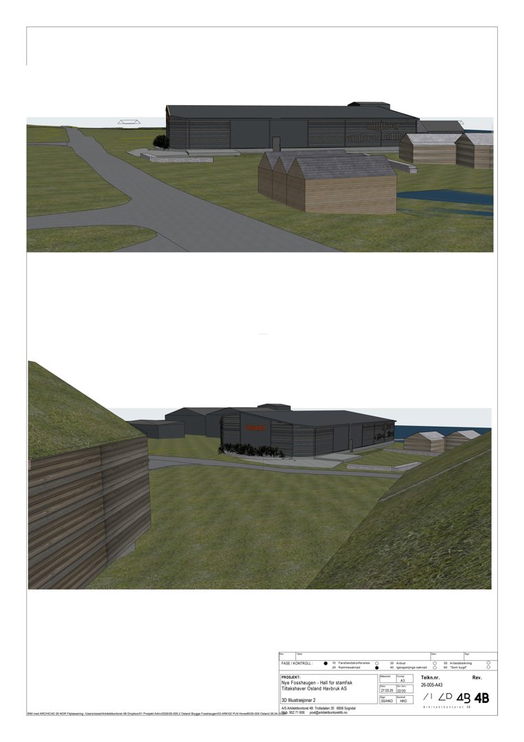 3D-visualisering (rendering) av et byggeprosjekt med flere bygninger, vei og terreng.