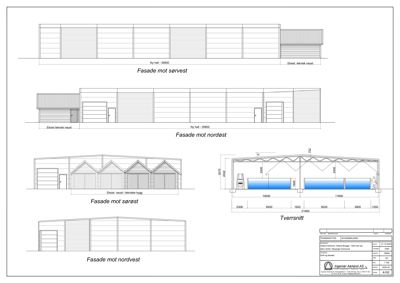 Bildet viser fasadetegninger for en bygning sett fra fire ulike sider (sørvest, nordøst, sørøst, nordvest) samt et tverrsnitt.