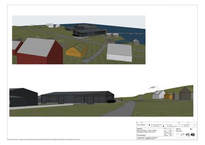 3D-visualisering (rendering) av et byggeprosjekt med flere bygninger i et landskap.