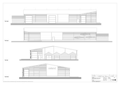 Fasadetegning som viser bygningens utsyn fra fire sider: Vest, Aust, Sør og Nord.