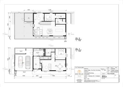 Etasjeplaner (Et. 1 og Et. 2) som viser romfordeling, dimensjoner og plassering av inngangsdører og vinduer.