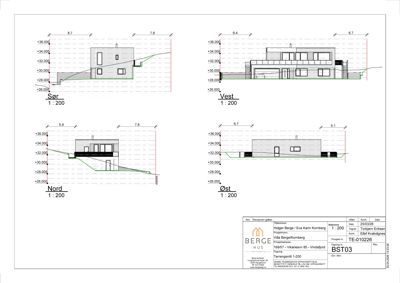 Snittegning som viser bygningens tverrsnitt sett fra fire sider (Sør, Vest, Nord, Øst) med høydeangivelser og grunnplan.