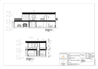Snittegning (Section 1 og Section 2) som viser bygningens tverrsnitt, høyder og romfordeling.