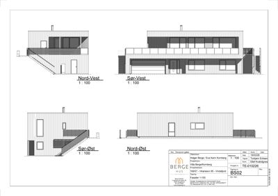 Fasadetegning som viser bygningens utseende fra fire ulike vinkler (Nord-Vest, Sør-Vest, Sør-Øst og Nord-Øst).