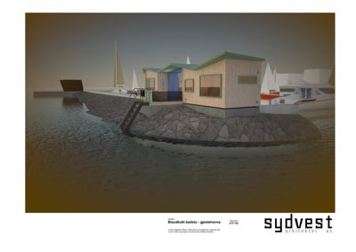 3D-visualisering av en badstu på en kai i et gjestehavn.