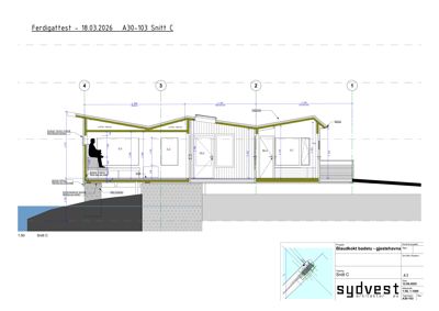 Snittegning (Snitt C) av en bygning med detaljerte mål, konstruksjoner og innvendig oppriss.