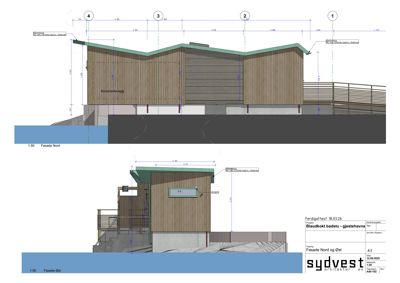 Fasadetegning som viser bygningens utseende fra nord og øst, med mål og detaljer.