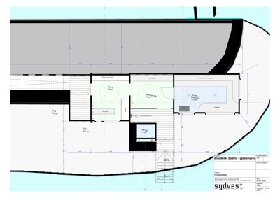Hovedplan (etasjeplan) for 'Blaudkott badstu - gjestehavn', som viser romfordeling, mål og arealoppdelinger.
