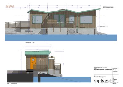 Fasadetegninger for en bygning (Blaudkott badstu) med mål og detaljer for fasade Syd og Vest.