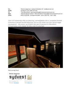 Fotografi av en bygning ved vannet om natten, som illustrerer et lyskonsept (LED-striper) nevnt i teksten.