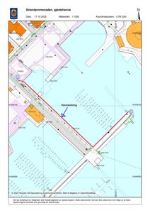 Kart over området Strandpromenaden, gjestehavna, som viser vannledningsrør, eiendomsnummer og infrastruktur.