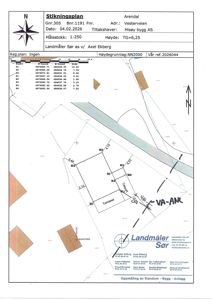 Stikningsplan som viser eiendomsgranser, bygningers plassering, terrassering og VA-ANL (vann- og avløpsanlegg) med målestokk 1:250.