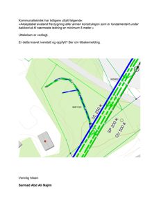 Situasjonsplan som viser tomt, konturer, eksisterende bygning og kommunaltekniske ledninger (VL 250 K, SP 200 K, OV 500 K) med tilhørende høydekonturer.