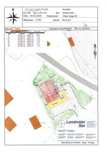 Situasjonsplan som viser bygningens plassering på tomt, omgivende eiendomsgrenser, terrengform og høydekurver.