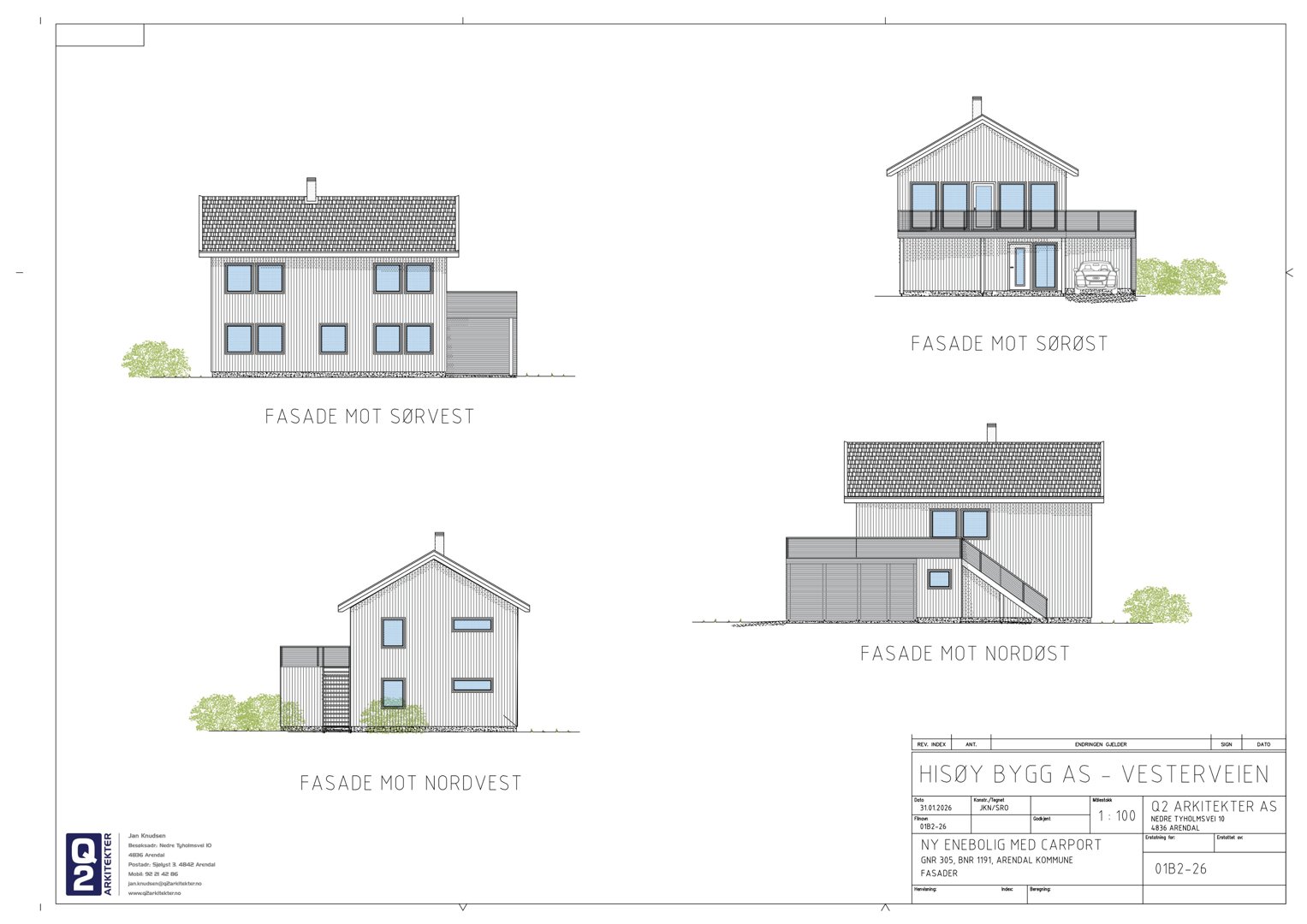 Fasadetegning som viser bygningens utseende fra fire ulike vinkler (Sørvest, Nordvest, Sørøst og Nordøst).