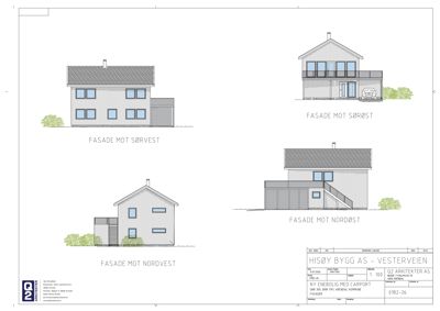 Fasadetegning som viser bygningens utseende fra fire ulike vinkler (Sørvest, Nordvest, Sørøst og Nordøst).