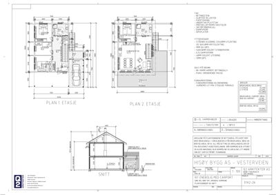 En arkitekttegning som viser etasjeplaner (Plan 1 og Plan 2), et snitt (Snitt) og tekniske detaljer for en ny enebolig.