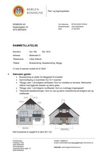 Fasadetegning som viser forslag til nytt utseende av husets front og side etter tiltaket.