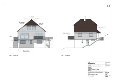 Fasadetegning som viser bygningens utseende fra Sør- og Øst-siden med detaljer om tak, vinduer og terrasser.