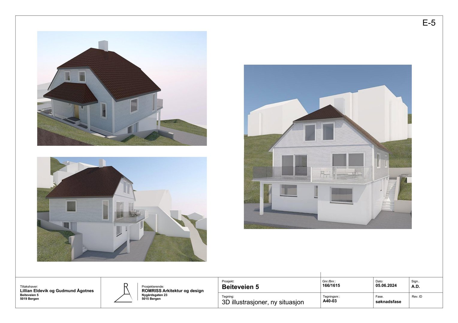 3D-visualiseringer av en planlagt bolig (fra ulike vinkler) med omgivende terreng og nabolag.
