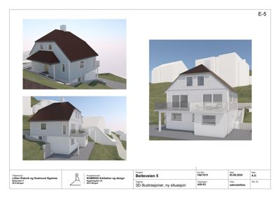 3D-visualiseringer av en planlagt bolig (fra ulike vinkler) med omgivende terreng og nabolag.