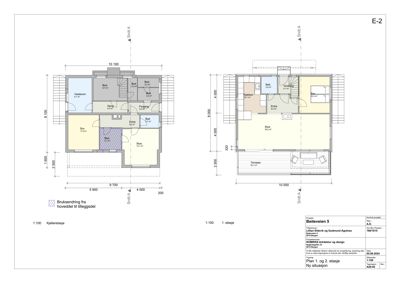 Plantegning som viser romfordeling og dimensjoner for kjelleretasje og 1. etasje.