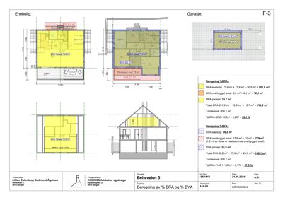 Etasjeplaner for enebolig og garasje med beregning av BRA og BYA