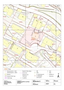Basiskart (situasjonsplan) som viser eiendomsgrenser, bygninger, vegnett, høydekurver og andre relevante data for et byggeprosjekt.