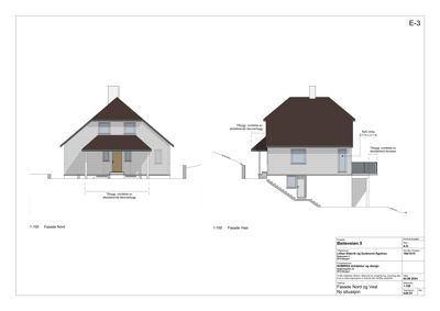 Fasadetegning som viser bygningens utseende fra nord og vest, inkludert detaljer om tilbygg og terrasser.