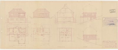 En tegningsside som viser en kombinasjon av fasadeopprikk (øverst) og etasjeplaner (nederst) for en bolig.