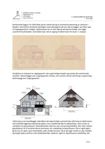 Fasadetegning som viser eksisterende og planlagt fasade med mål og detaljer.
