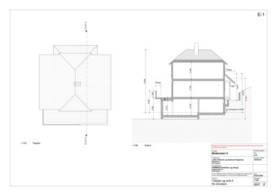 Tegning som viser takplan og snitt A av en bygning med mål og detaljer.