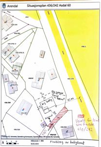 Situasjonsplan for tomt 436/242 i Asdal, Arendal, med angivelse av nabotomter, eiendomsnummer og grenser.