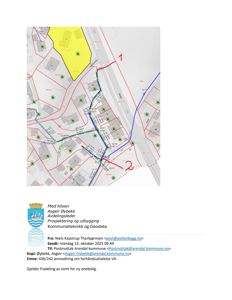 Situasjonsplan som viser tomt, naboeiendommer, infrastruktur (rørgater) og en anmodning om VA-tilknytning.