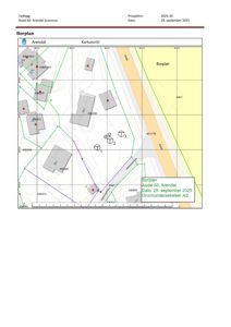 Borplan (tomteplan) som viser bygningers plassering, grunnundersøkelsespunkter og topografi for eiendommen Asdal 60 i Arendal.