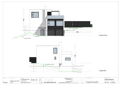 Fasadetegning som viser bygningens utseende sett fra nord og øst, inkludert mål og terrengforhold.