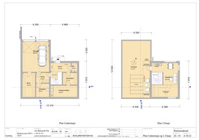 Plantegning som viser romfordeling og dimensjoner for enebolig på første og andre etasje.