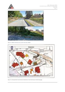 Bildet viser to fotografier av en vei og et terreng med markerte områder for berggrunn, samt en situasjonskart under.