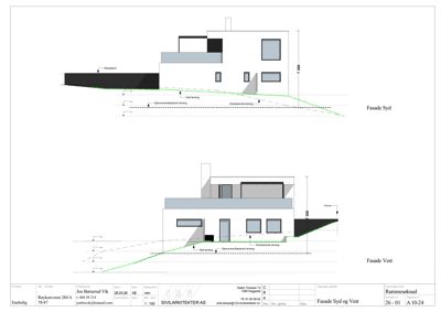 Fasadetegning som viser bygningens utseende sett fra syd og vest, inkludert terrengforhold og terrasser.