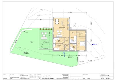 Etasjeplan for en enebolig som viser romfordeling, arealer og uteplass.
