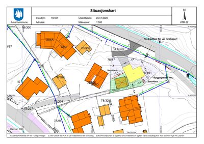 Situasjonskart som viser eiendomsgrenser, naboeiendommer, topografi og planlagt byggegrense.