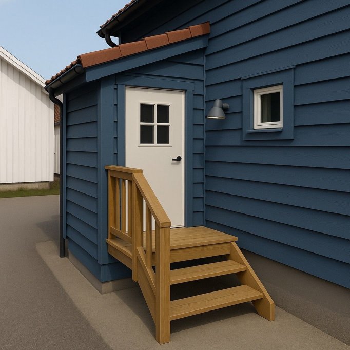 3D-visualisering av en blå hytte med trapp og dør