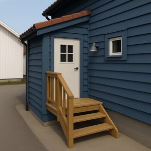 3D-visualisering av en blå hytte med trapp og dør