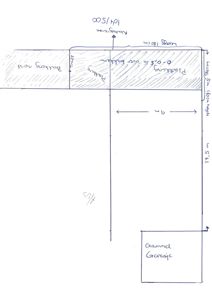 En håndtegnet etasjeplan som viser romfordeling, mål på vegger og plassering av en garasje.