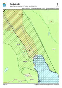 Kartutsnitt som viser eiendomsgrenser (f.eks. 206/24, 207/3), arealbruksinndeling (fargekodet) og topografi.