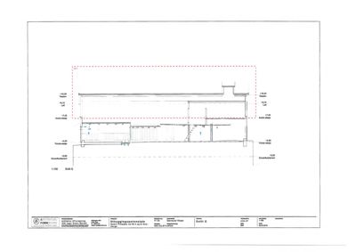 Snittegning (Snitt G) som viser bygningens tverrsnitt, høyder, etasjer og grunnfundament.