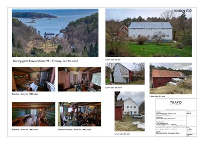 Et sammensatt bilde (collage) som viser flere fotografier av eiendomene i Storeng gård, inkludert hovedbygningen, laver og boenheter.