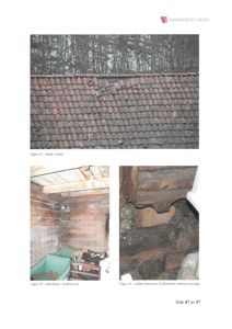 Fotografier som dokumenterer skader på en bygning, inkludert skade på taket, råte i midtrom og fukt- og skadeforhold i østvegg.