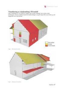 3D-visualisering av et bygningsskadeomfang med fargekodet informasjon om kritiske områder.