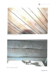 Fotografier av skader på takgavl og bjelke, illustrert i en rapport.